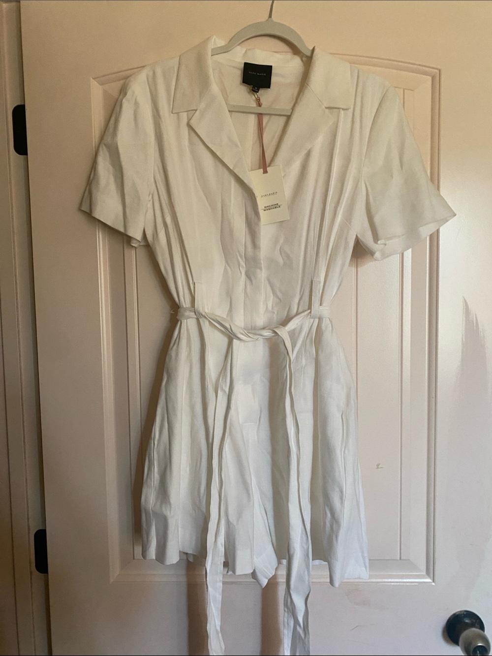 Alex Marie White Short-Sleeve Mini Dress with Waist Tie